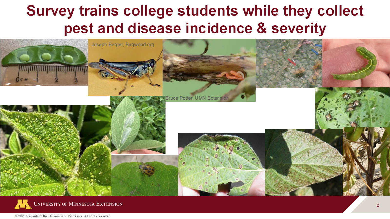 This survey expands our ability to obtain field reports on crop conditions and pest activity to tailor outreach to crop managers through radio, digital newsletters and through the ag press.